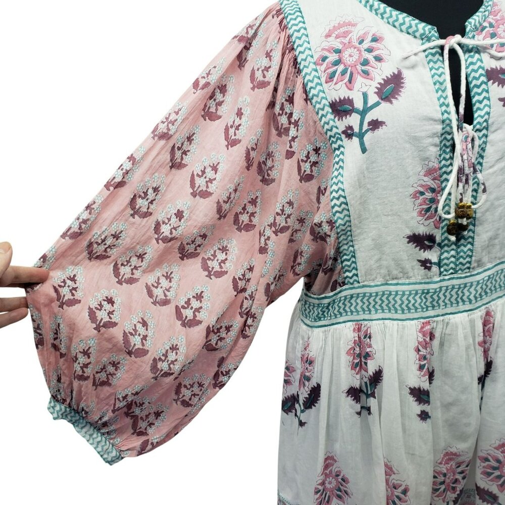 Oliphant Tie Front Balloon Sleeve Dress Pink Teal White Boho Block Print Floral - Picture 15 of 15